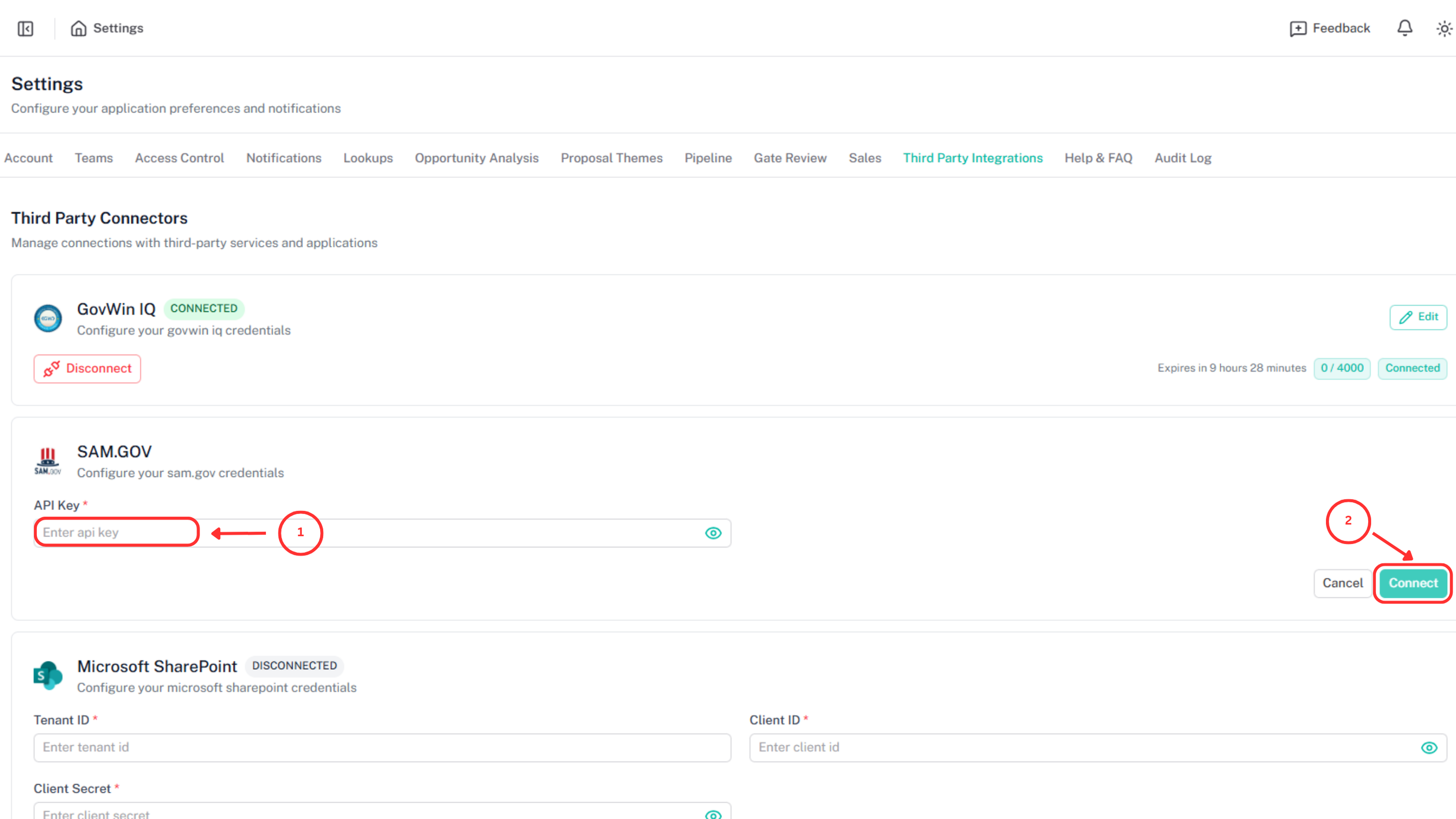 Entering SAM.gov API key in Proposal Connect