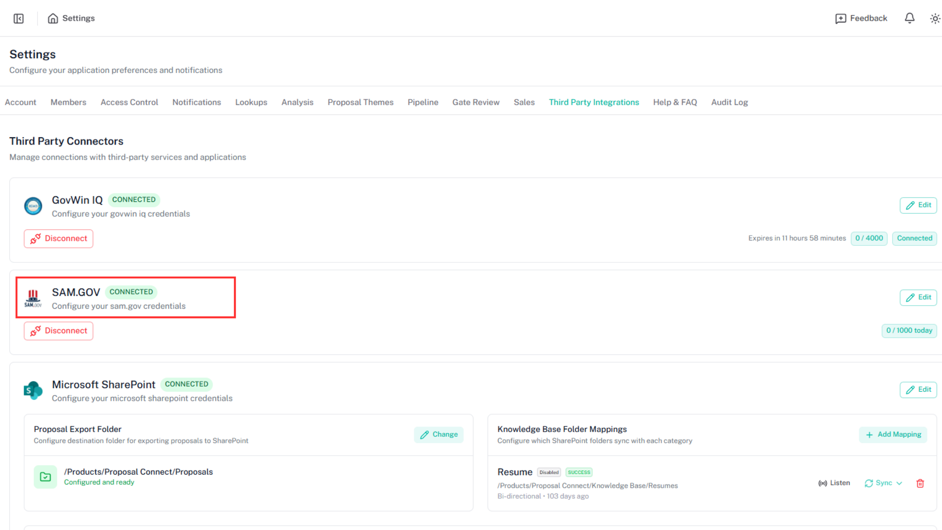 SAM.gov connected successfully with opportunities listed