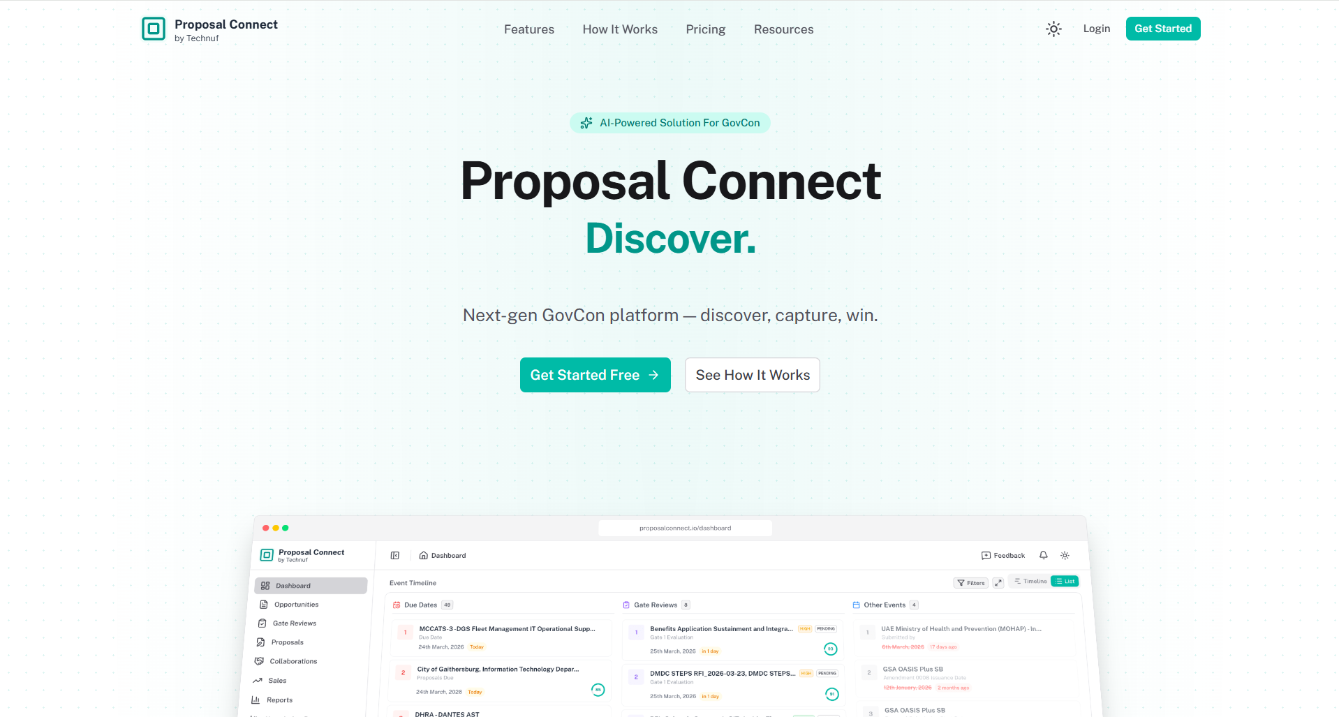 Proposal Connect dashboard showing AI-powered proposal automation for government contractors